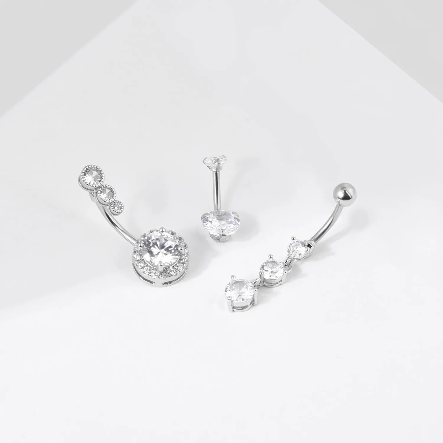 CANDYFANCY 14G Dangly Belly Button Rings Surgical Steel Gem Navel Rings Dangle Triple Round CZ Barbell Belly Piercings Jewelry