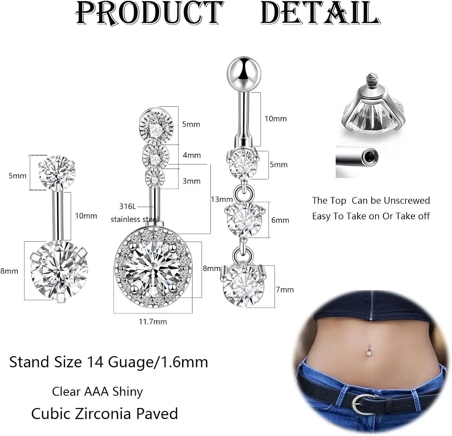 CANDYFANCY 14G Dangly Belly Button Rings Surgical Steel Gem Navel Rings Dangle Triple Round CZ Barbell Belly Piercings Jewelry