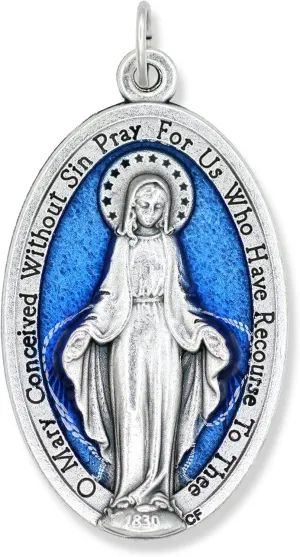 Caritas et Fides Miraculous Medal Pendant Necklace Extra Large - 1.75" Silver Oxidized with Blue Enamel Accent Large Miraculous Medals for Jewelry Catholic Made in Italy