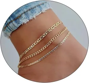 CAROVO Ankle Bracelets for Women, 14K Gold Plated/Silver Plated Waterproof Layered Cuban Anklets Evil Eye CZ Ankle Bracelets for Women Summer Jewelry Gifts