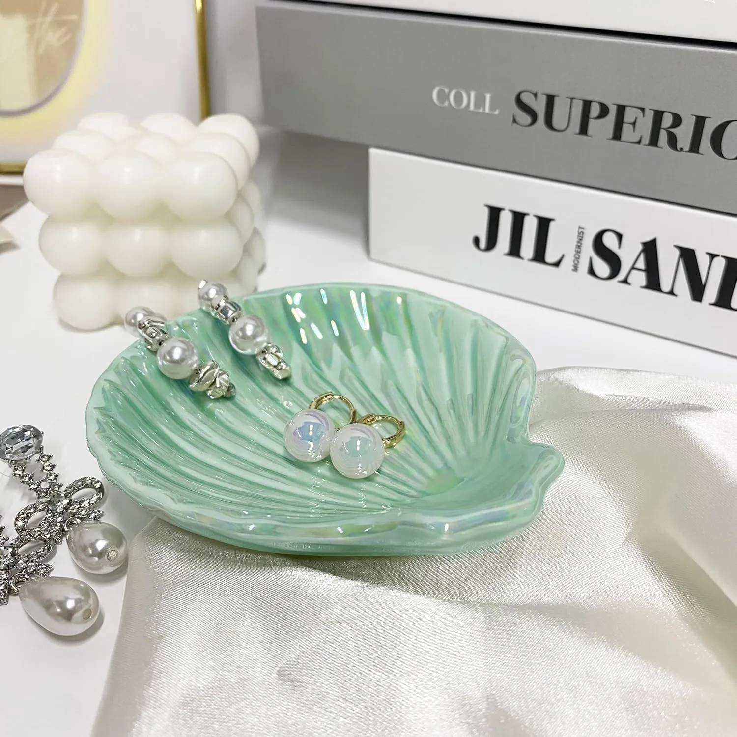 Ceramic Shell Ring Holder Dish, Small Shell Trinket Dish for Women, Ceramic Beachy Jewelry Plate Bowl for Earrings Necklace, 3.9", Ice Green Iridescent Surface