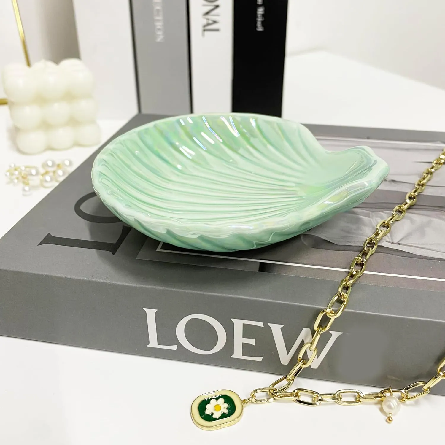 Ceramic Shell Ring Holder Dish, Small Shell Trinket Dish for Women, Ceramic Beachy Jewelry Plate Bowl for Earrings Necklace, 3.9", Ice Green Iridescent Surface