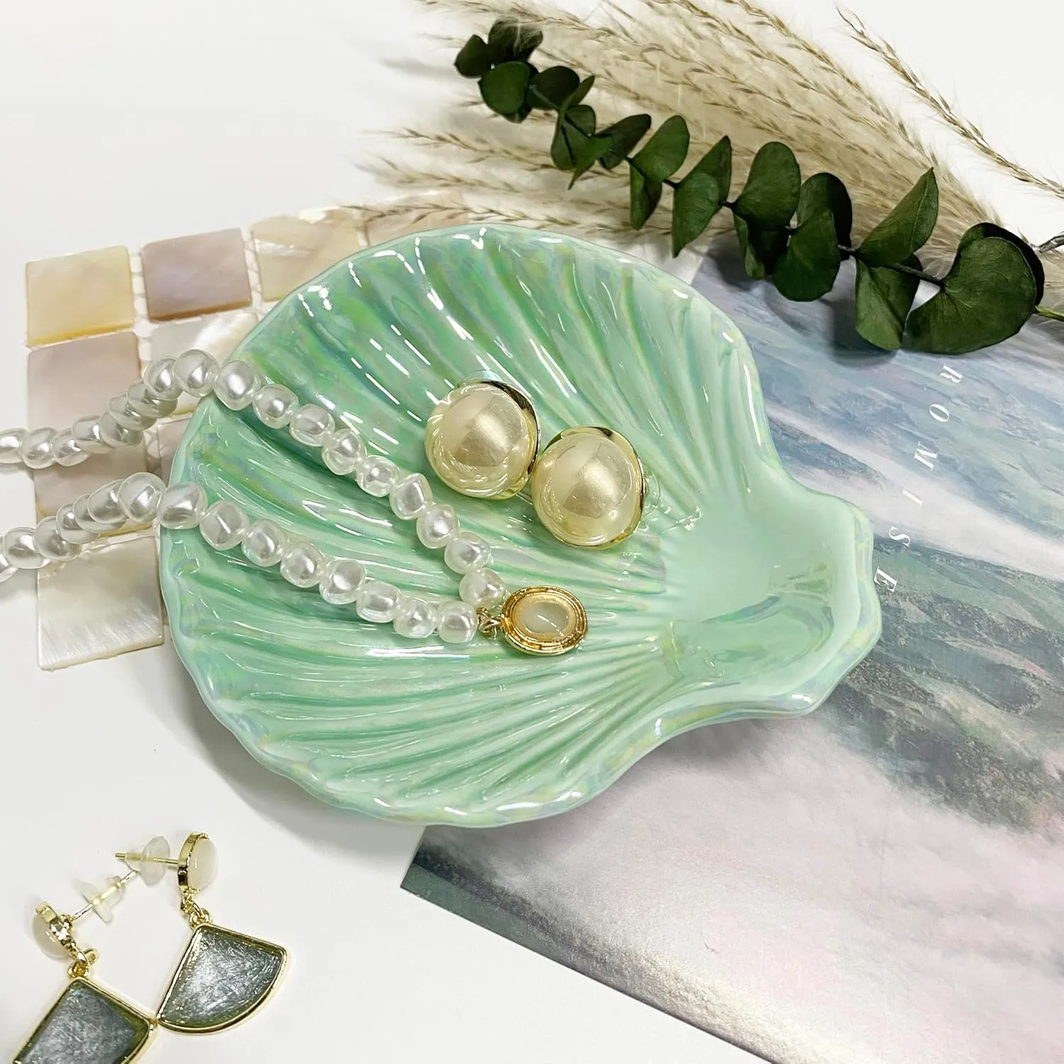 Ceramic Shell Ring Holder Dish, Small Shell Trinket Dish for Women, Ceramic Beachy Jewelry Plate Bowl for Earrings Necklace, 3.9", Ice Green Iridescent Surface