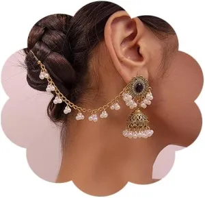 Chargances Indian Jhumka Jhumki Pearl Beaded Dangle Earrings Boho Black Crystal Drop Earrings Fashion Bollywood Stylish Gold Traditional Indian Jewelry for Women(Style 2)