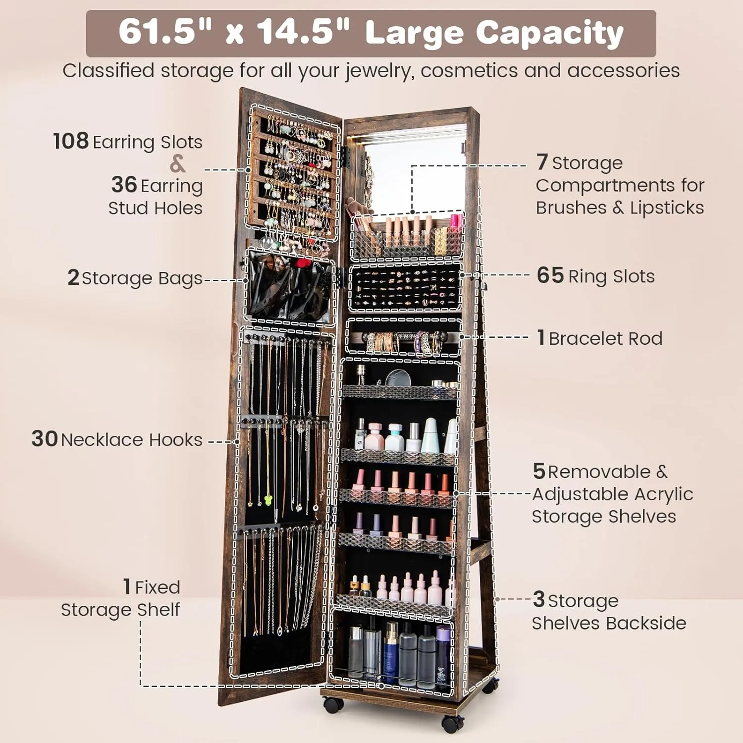 CHARMAID Jewelry Cabinet Armoire with Wheels, 64" H Full Length Mirror, 3-Color LED Lights, Height Adjustable Shelves, Lockable Standing Jewelry Organizer with Back Storage Shelves (Rustic Brown)