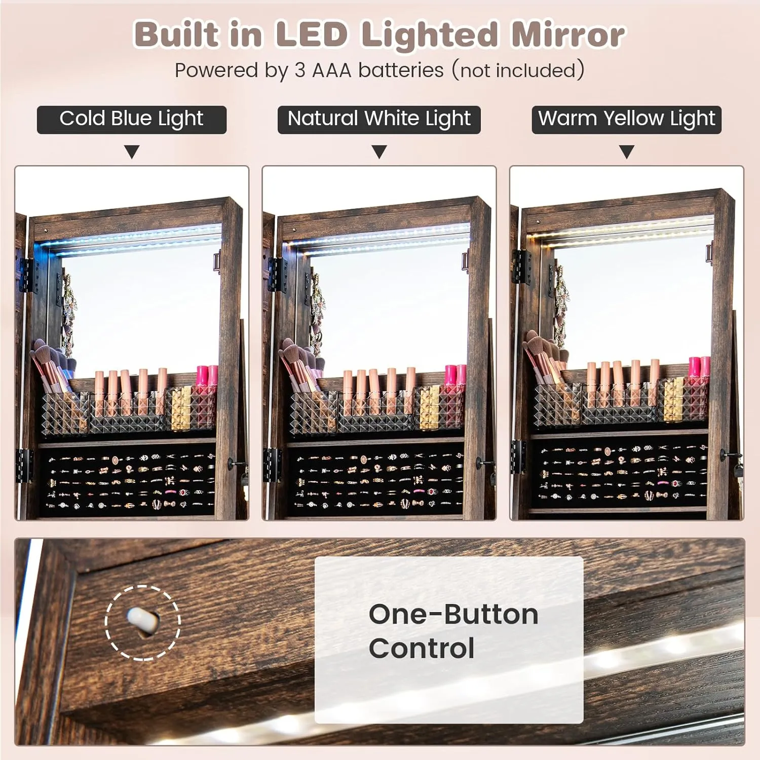 CHARMAID Jewelry Cabinet Armoire with Wheels, 64" H Full Length Mirror, 3-Color LED Lights, Height Adjustable Shelves, Lockable Standing Jewelry Organizer with Back Storage Shelves (Rustic Brown)
