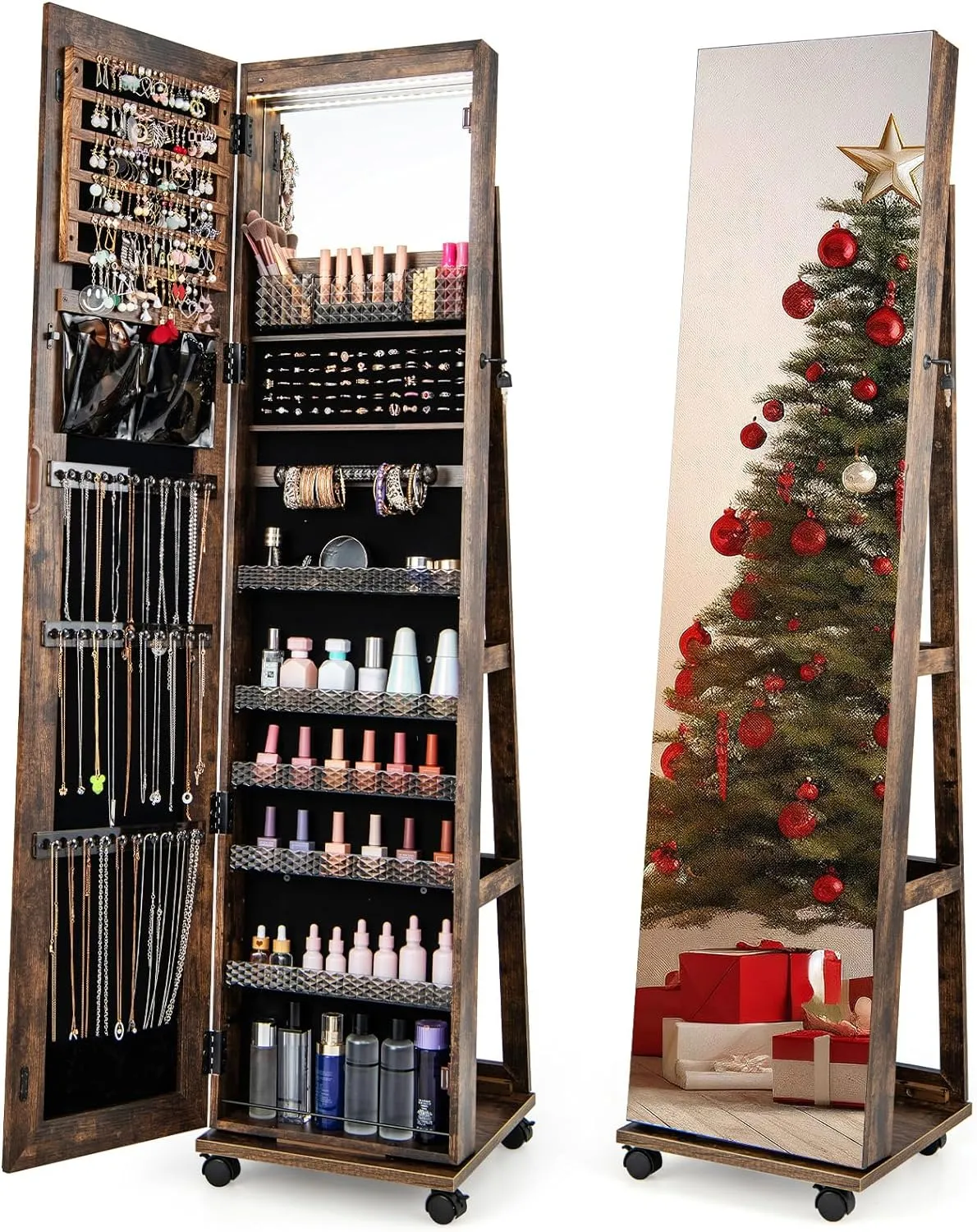 CHARMAID Jewelry Cabinet Armoire with Wheels, 64" H Full Length Mirror, 3-Color LED Lights, Height Adjustable Shelves, Lockable Standing Jewelry Organizer with Back Storage Shelves (Rustic Brown)