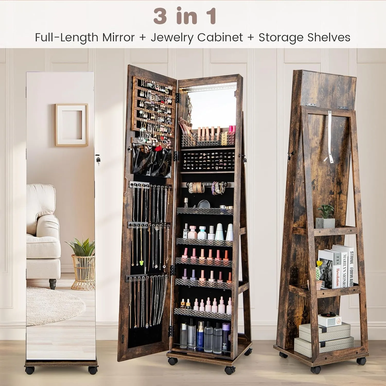 CHARMAID Jewelry Cabinet Armoire with Wheels, 64" H Full Length Mirror, 3-Color LED Lights, Height Adjustable Shelves, Lockable Standing Jewelry Organizer with Back Storage Shelves (Rustic Brown)