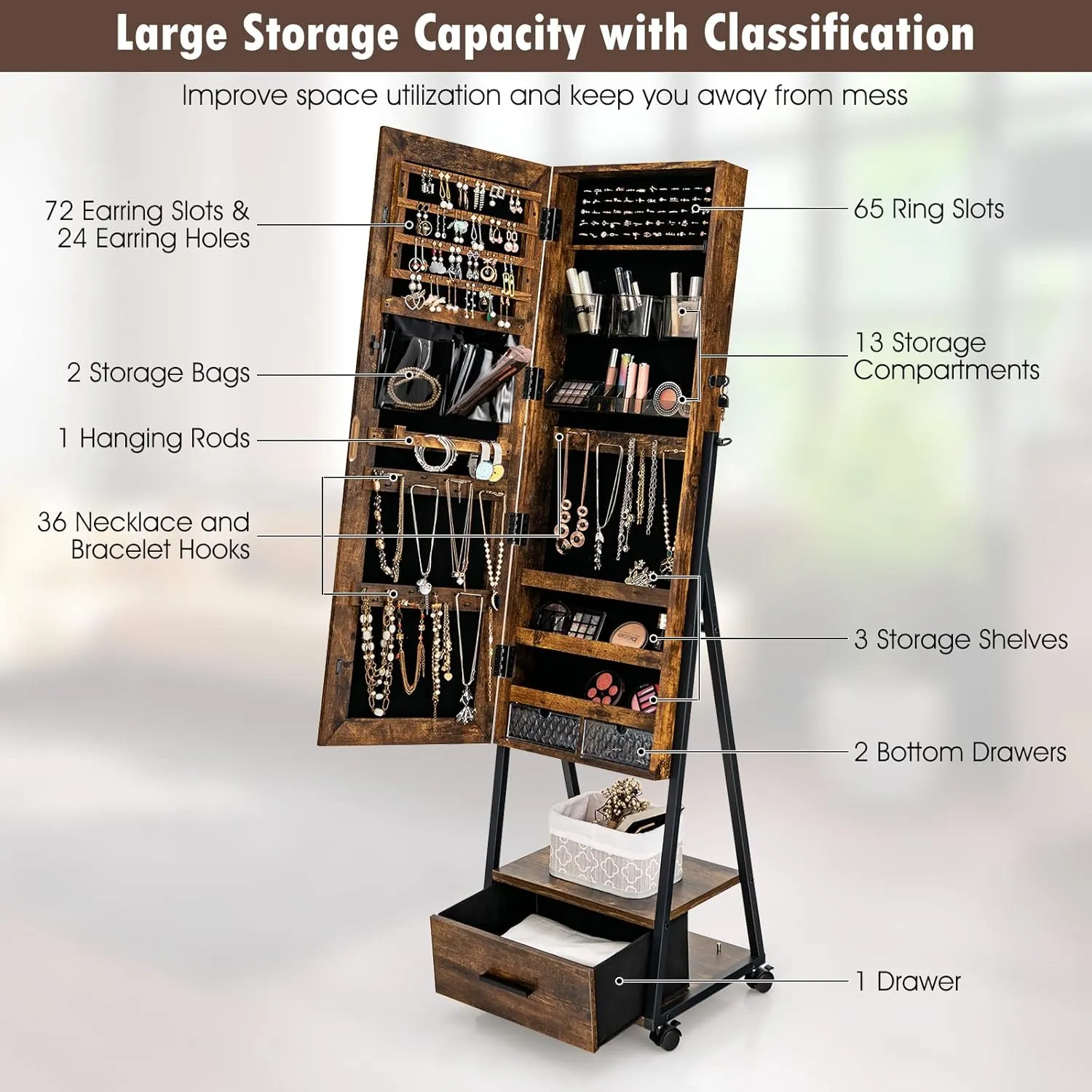 CHARMAID Rolling Jewelry Cabinet with Full Length Mirror, Lockable Standing Jewelry Armoire with Wheels, Steel Legs, Lipstick Brush Storage, Jewelry Organizer Box with Drawers (Rustic Brown)