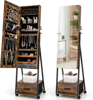 CHARMAID Rolling Jewelry Cabinet with Full Length Mirror, Lockable Standing Jewelry Armoire with Wheels, Steel Legs, Lipstick Brush Storage, Jewelry Organizer Box with Drawers (Rustic Brown)