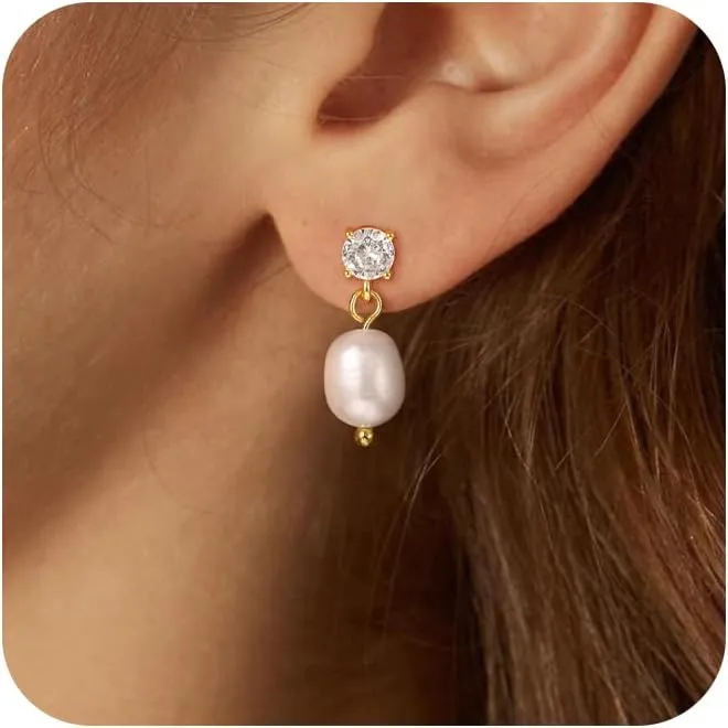 CHESKY Dainty Pearl Earrings for Women Trendy, Hypoallergenic Gold Plated Pearl Huggie Hoop Earrings for Women Non Tarnish, Cute 14K Gold Bridal Dangle Earrings for Wedding Jewelry