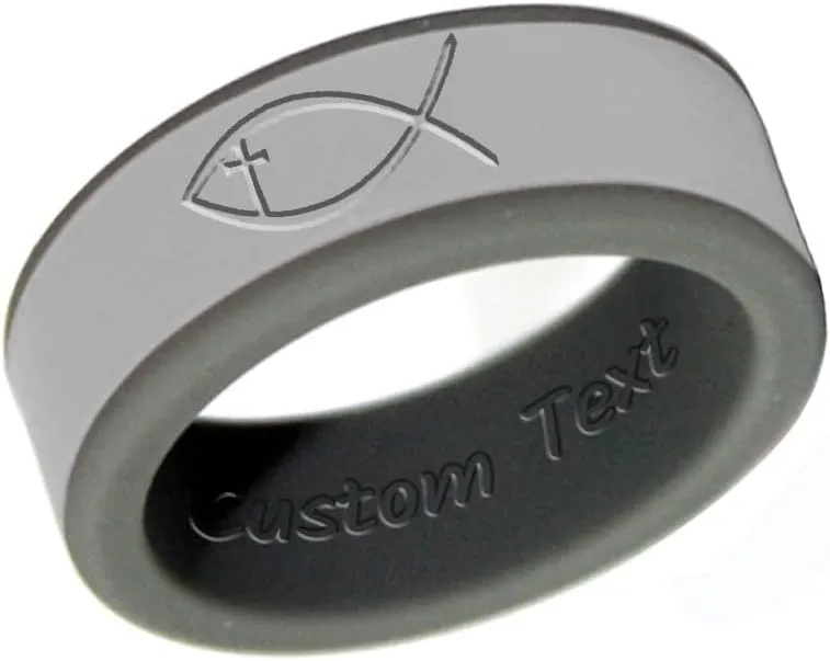 Christian Fish Cross Silicone Rings 8mm Two-Tone Removable Rings Engagement Rubber Rings Bible Verse Quote Faith Inspirational Religious Men Women Rings,Size 8-13 (Not Inkfilled)
