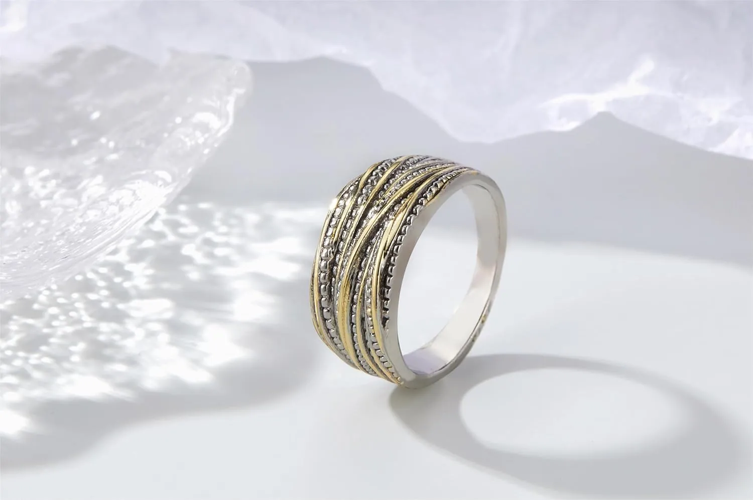 Chunky Band Rings for Women 2 Tone Intertwined Crossover Statement Ring, Cable Wire Twine Twisted Wide Index Finger Gold and Silver Ring Fashion Costume Jewelry Gifts for Her
