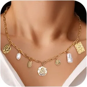 Chunky Gold Charm Necklace for Women: 14K Gold Plated Heart Paperclip Link Chain Coin Pearl Choker Pendant Necklace Trendy Jewelry