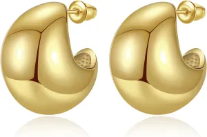 Chunky Gold Hoop Earrings for Women, Lightweight Drop Hoops Earrings with 18K Real Gold Plated, Hypoallergenic Trendy Jewelry for Women