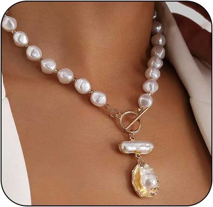 Chunky Pearl Gold Beads Pendant Necklaces for Women 14K Gold Geometric Pearls OT Buckle Choker Necklace Baroque Faux Pearl Toggle Clasp Jewelry Gifts