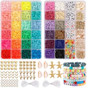 Clay Heishi Beads Bracelet Making Kit for Beginners, 5000Pcs 36 Colors Polymer Flat round Clay Beads Kit with 240Pcs Letter Beads, Pendant Charms and Elastic Strings for Crafts