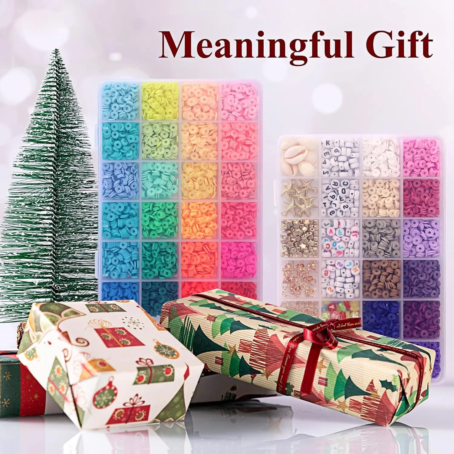 Clay Heishi Beads Bracelet Making Kit for Beginners, 5000Pcs 36 Colors Polymer Flat round Clay Beads Kit with 240Pcs Letter Beads, Pendant Charms and Elastic Strings for Crafts