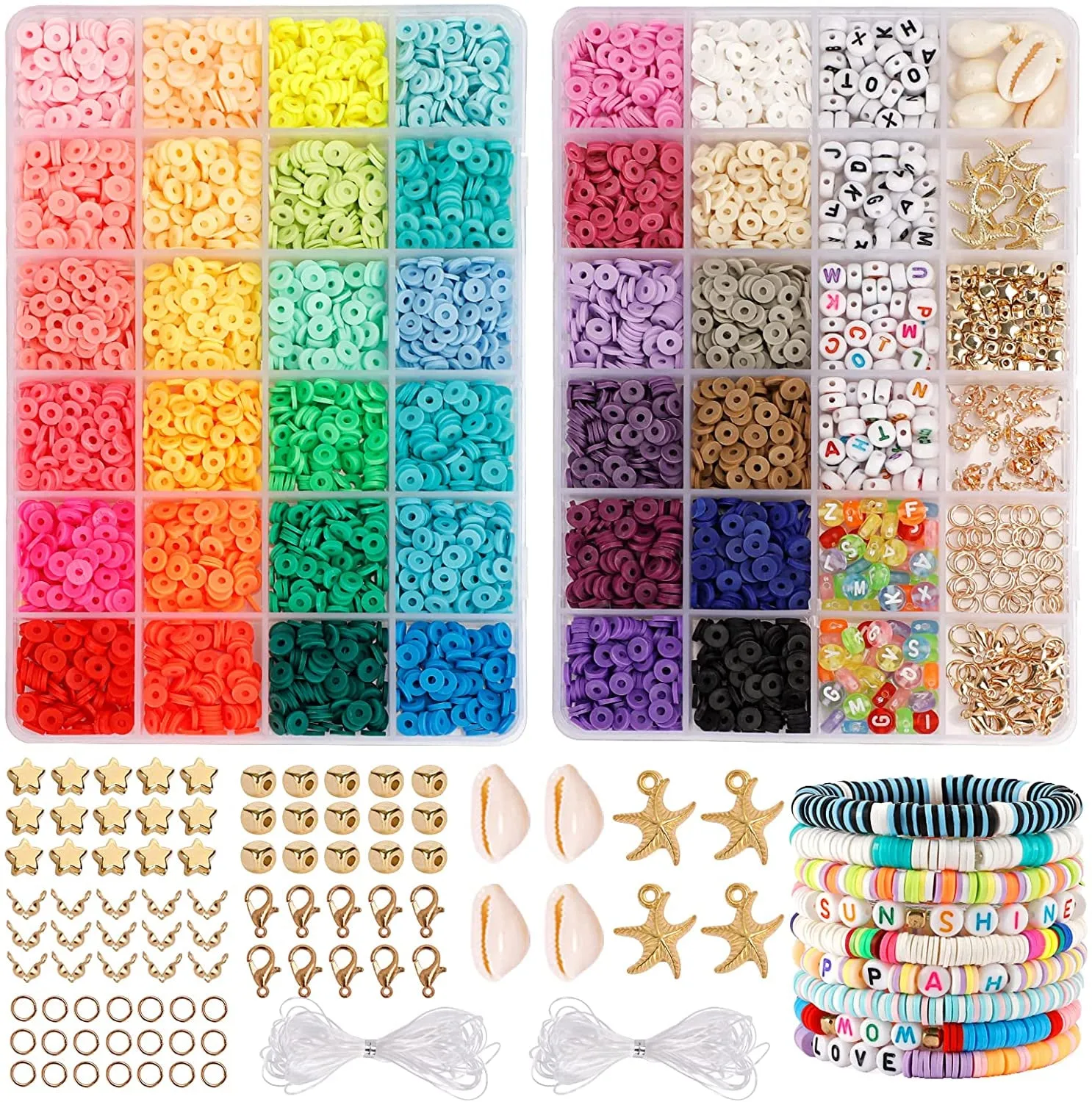 Clay Heishi Beads Bracelet Making Kit for Beginners, 5000Pcs 36 Colors Polymer Flat round Clay Beads Kit with 240Pcs Letter Beads, Pendant Charms and Elastic Strings for Crafts