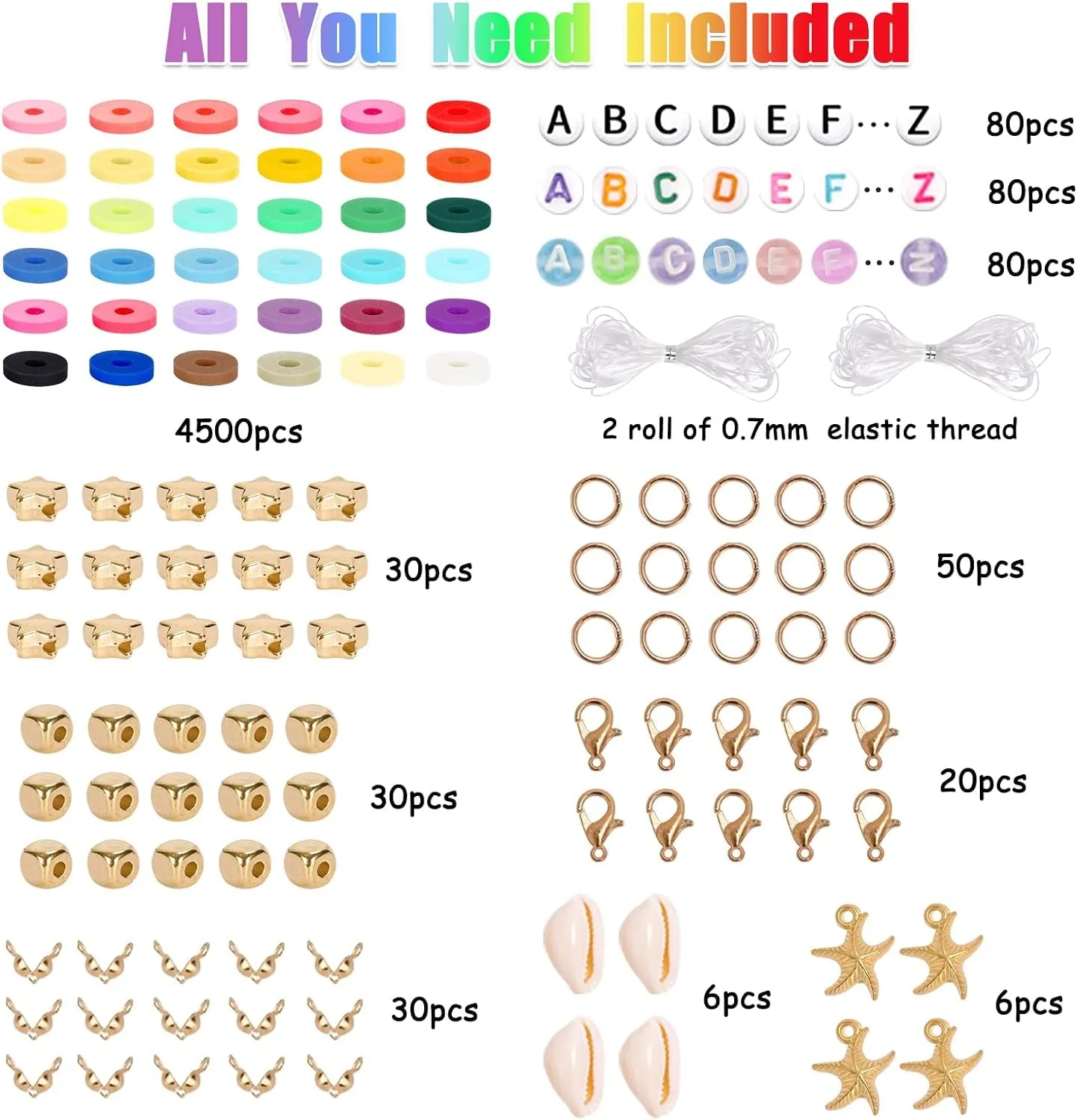 Clay Heishi Beads Bracelet Making Kit for Beginners, 5000Pcs 36 Colors Polymer Flat round Clay Beads Kit with 240Pcs Letter Beads, Pendant Charms and Elastic Strings for Crafts