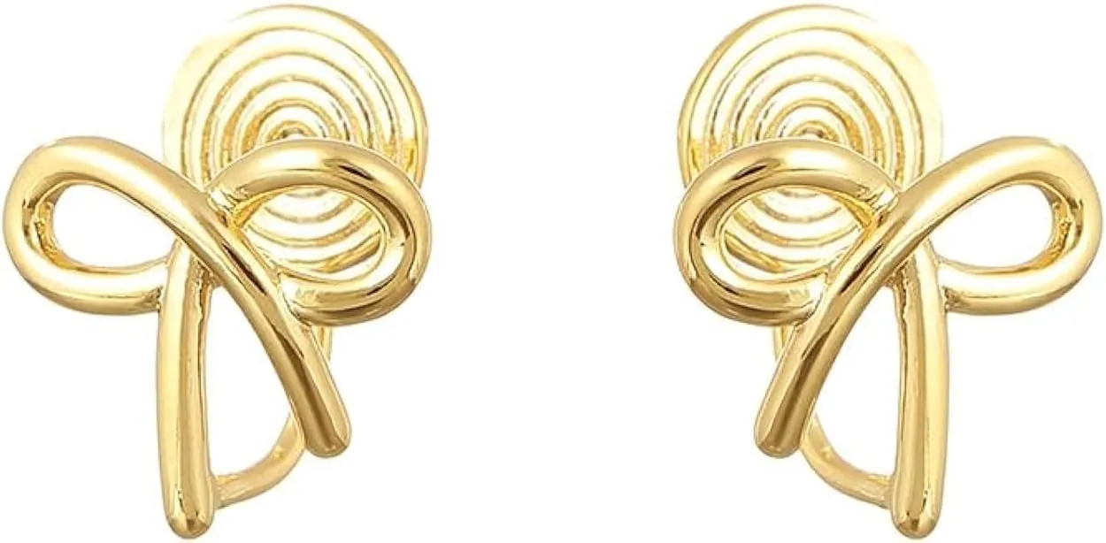 Clip On Bow Fake Stud Hoop Earrings for Women No Piercings Ear Dainty Elegant Gold Plated Minimalist Ribbon Cuff Wrap Earring Fashion Jewelry Gifts for Birthday Christmas Hypoallergenic
