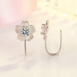 Clip On Cherry Blossoms Crystal No Piercing S925 Sterling Silver Earring for Women Elegant Cubic Zirconia Flower Ear Cuff Earrings Dainty Fashion Plant Floral Huggie Wrap Fake Stud Cartilage Party Jewelry Gifts
