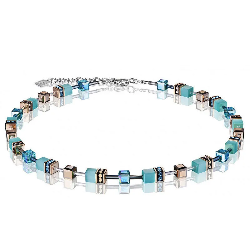 Coeur de Lion Cat Eye aqua/gold cubes and crystals necklace