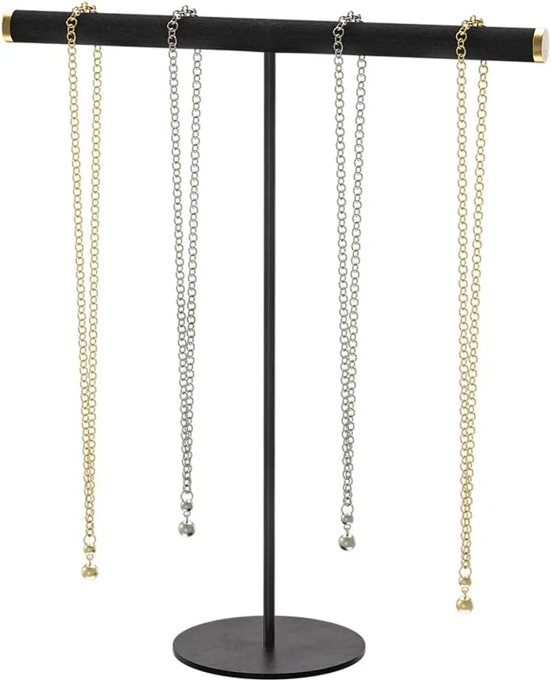 Coward T-Bar Necklace Organizer Stand, Velvet Necklace Bracelet Holder Stand with Metal Base, Hanging Jewelry Display Organizer for Women Girls (Black 1.6mm thickness tube)