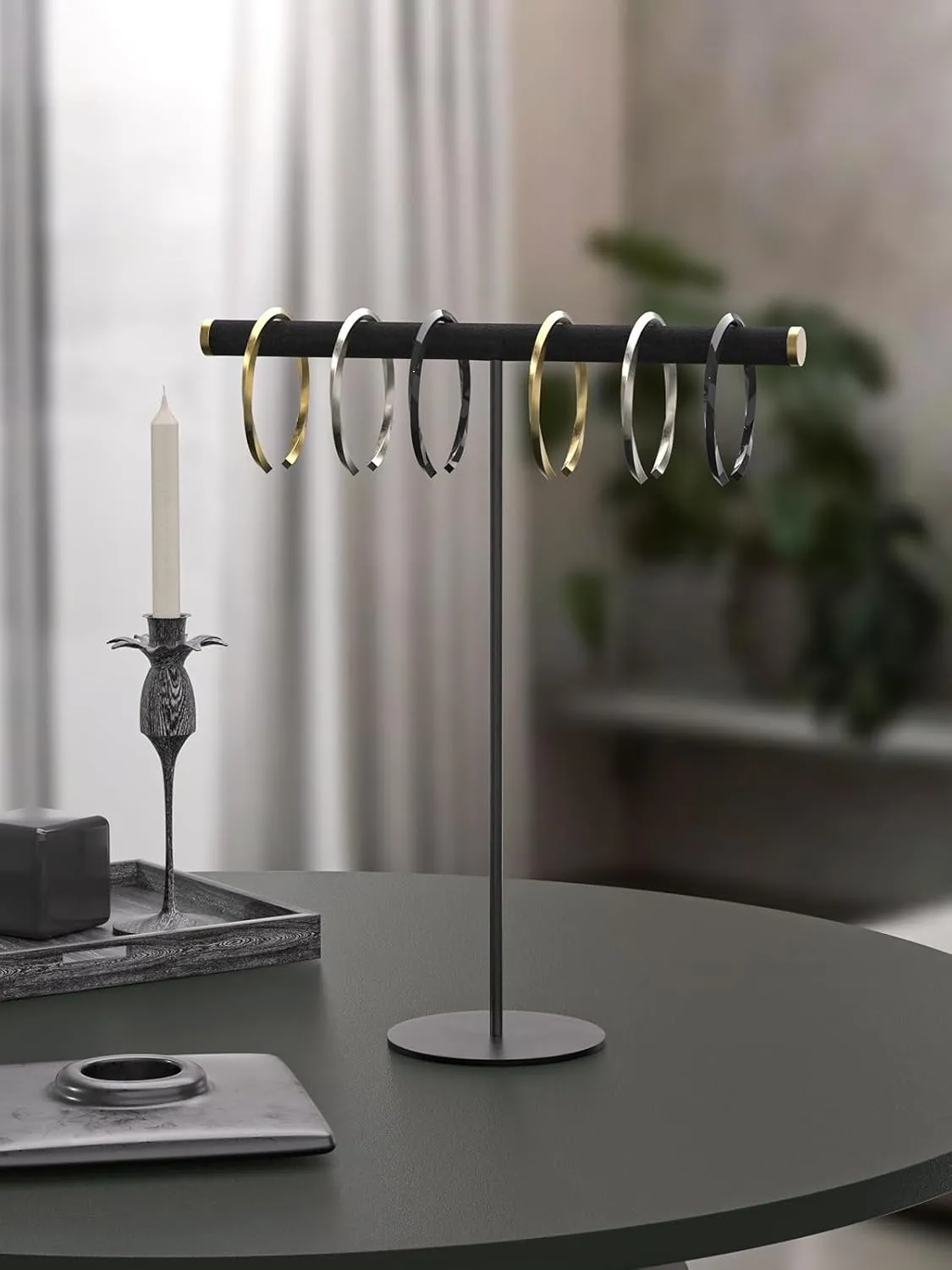 Coward T-Bar Necklace Organizer Stand, Velvet Necklace Bracelet Holder Stand with Metal Base, Hanging Jewelry Display Organizer for Women Girls (Black 1.6mm thickness tube)