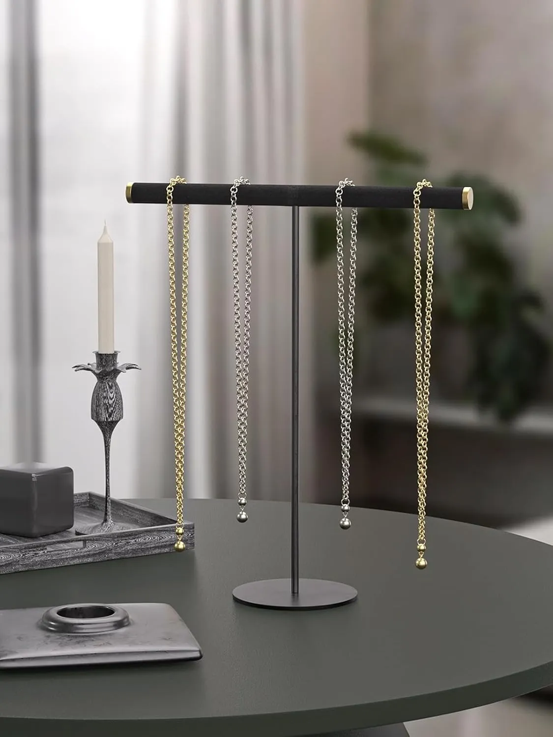 Coward T-Bar Necklace Organizer Stand, Velvet Necklace Bracelet Holder Stand with Metal Base, Hanging Jewelry Display Organizer for Women Girls (Black 1.6mm thickness tube)