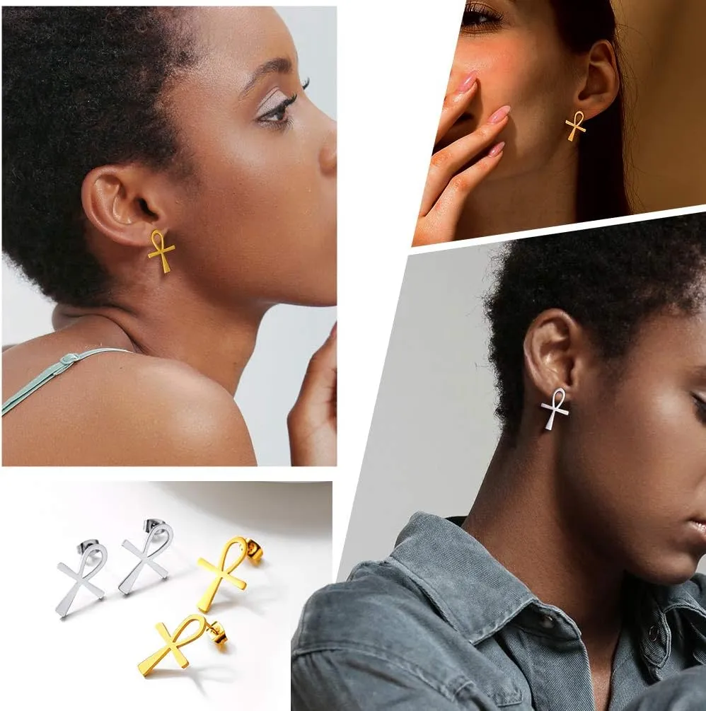 Crescent Moon Star/Ankh Stud Earrings, 18K Gold Plated Stainless Steel Earrings, Women Jewelry