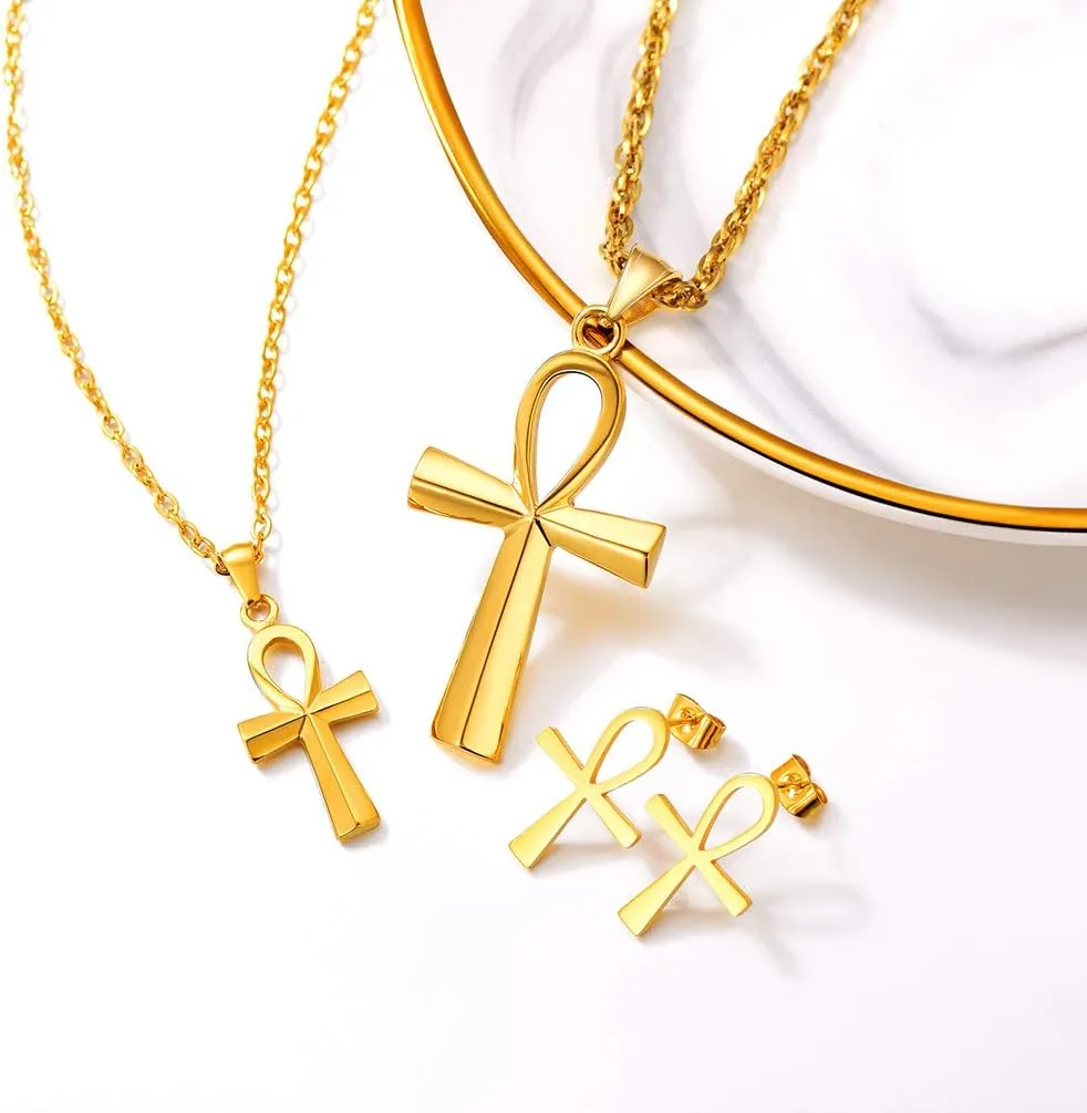 Crescent Moon Star/Ankh Stud Earrings, 18K Gold Plated Stainless Steel Earrings, Women Jewelry
