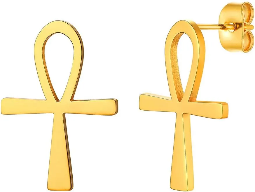 Crescent Moon Star/Ankh Stud Earrings, 18K Gold Plated Stainless Steel Earrings, Women Jewelry