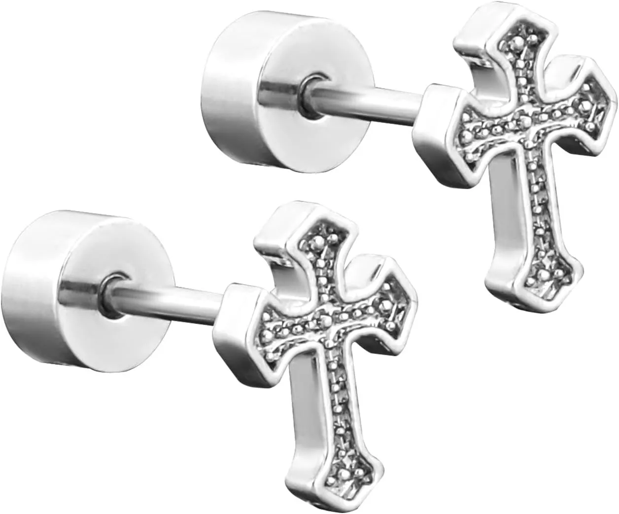 Cross Earrings, Titanium Steel Cross Flat Screw Back Small Stud Earrings Vintage Simple Cross Cartilage Earrings Christian Stylish Jewelry Faith Gift for Women Men (Silver)