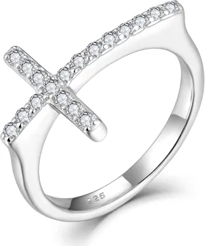 Cross Ring 925 Sterling Silver Cubic Zirconia Cross Statement Rings for Women Anniversary Christmas Day Size 5-10