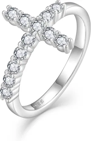 Cross Ring 925 Sterling Silver Cubic Zirconia Cross Statement Rings for Women Anniversary Christmas Day Size 5-10