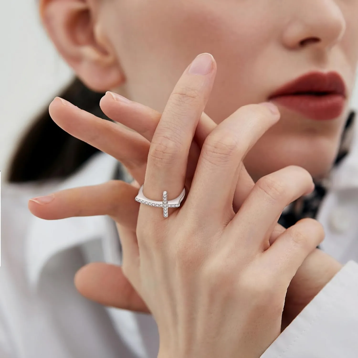 Cross Ring 925 Sterling Silver Cubic Zirconia Cross Statement Rings for Women Anniversary Christmas Day Size 5-10