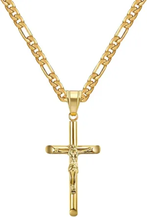 Crucifix Cross Necklace 18k Gold Plated Stainless Steel Cross Pendant Necklace with Jesus 3mm 20" Figaro Chain For Men Women