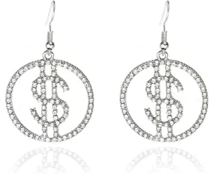 Crystal Dollar Money Sign Circle Dangle Drop Earrings for Women Personality Glitter Sparkly Crystal Cubic Zirconia Round Rich Symbol Gold Silver Plated Statement Hook Earrings for Dance Party Fashion Jewelry Gifts