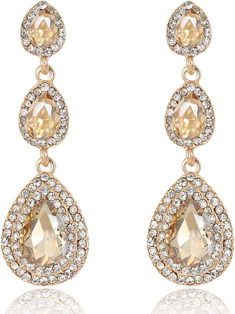 Crystal Teardrop Dangle Earrings for Women,14K Gold Plated Jewelry Drop Dangling Trendy Stylish Rhinestone Earring for Women Brides Prom Party