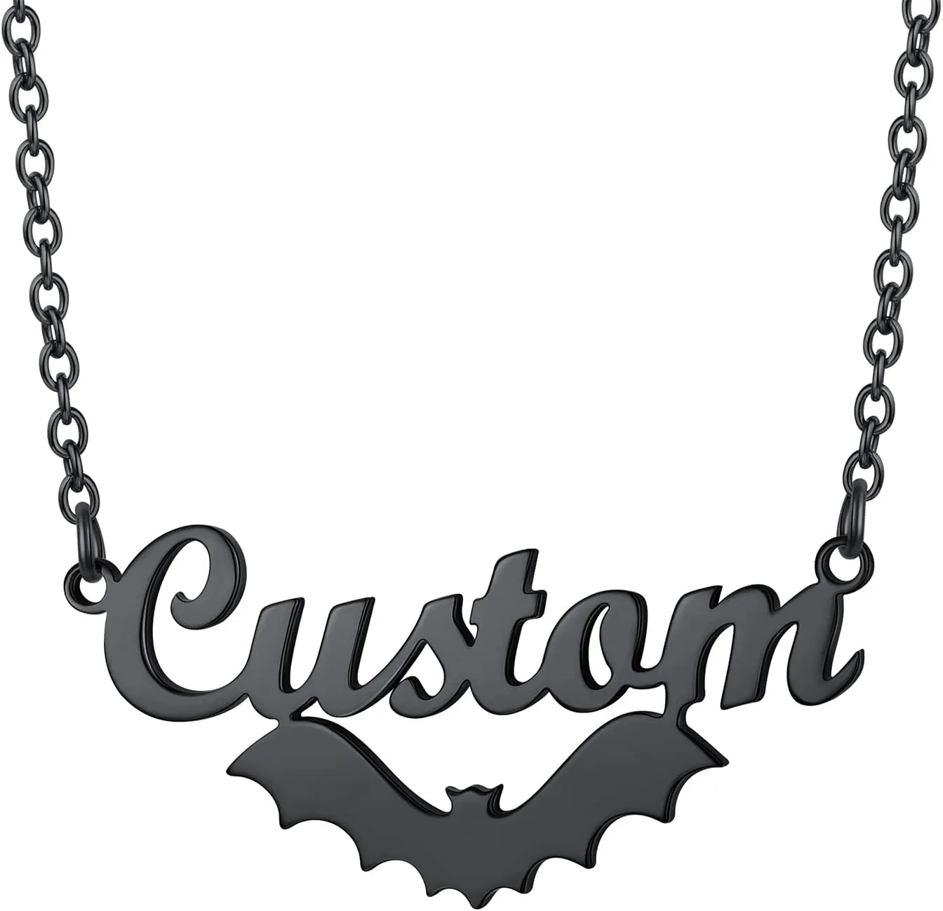 Custom4U Bat Name Necklace Personalized Custom Nameplate Necklaces Stainless Steel/925 Sterling Silver, Customized Gothic Jewelry Gifts for Women Men Halloween Birthday (Gift Box)