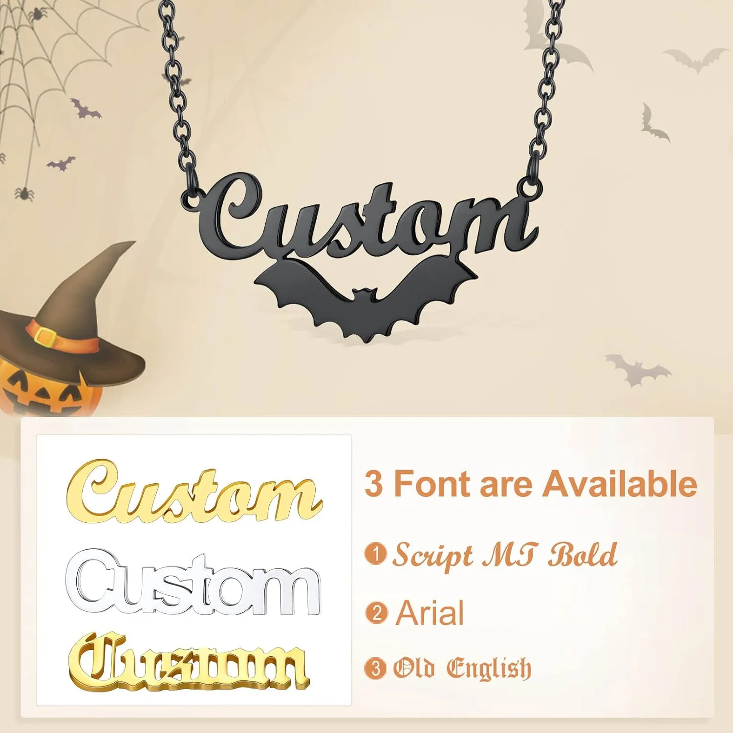 Custom4U Bat Name Necklace Personalized Custom Nameplate Necklaces Stainless Steel/925 Sterling Silver, Customized Gothic Jewelry Gifts for Women Men Halloween Birthday (Gift Box)