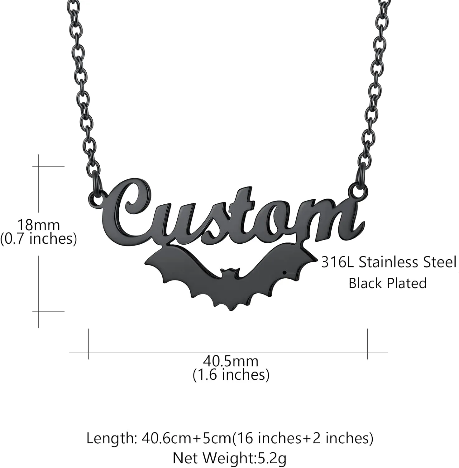 Custom4U Bat Name Necklace Personalized Custom Nameplate Necklaces Stainless Steel/925 Sterling Silver, Customized Gothic Jewelry Gifts for Women Men Halloween Birthday (Gift Box)