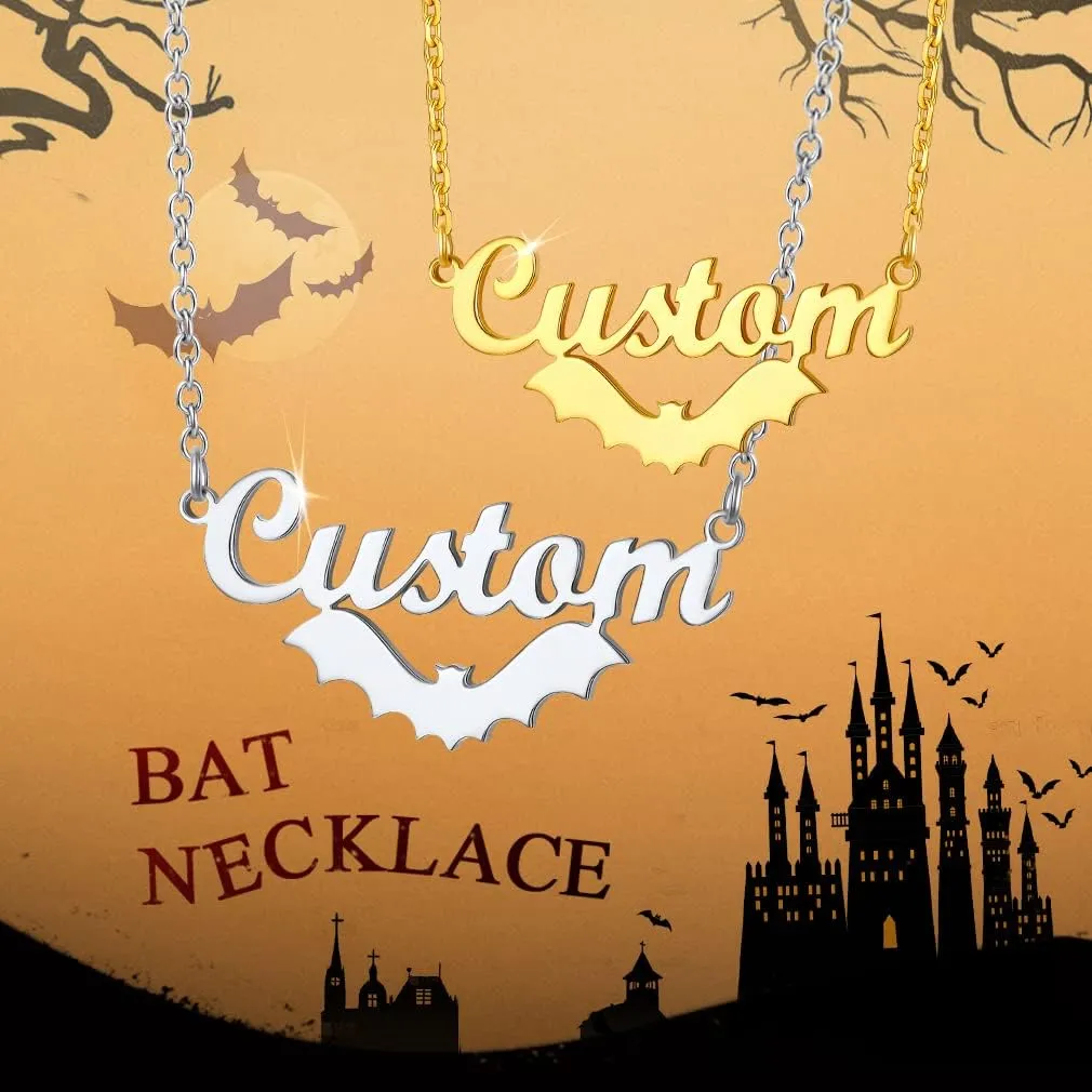 Custom4U Bat Name Necklace Personalized Custom Nameplate Necklaces Stainless Steel/925 Sterling Silver, Customized Gothic Jewelry Gifts for Women Men Halloween Birthday (Gift Box)