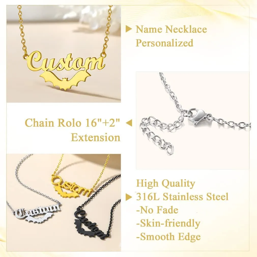 Custom4U Bat Name Necklace Personalized Custom Nameplate Necklaces Stainless Steel/925 Sterling Silver, Customized Gothic Jewelry Gifts for Women Men Halloween Birthday (Gift Box)