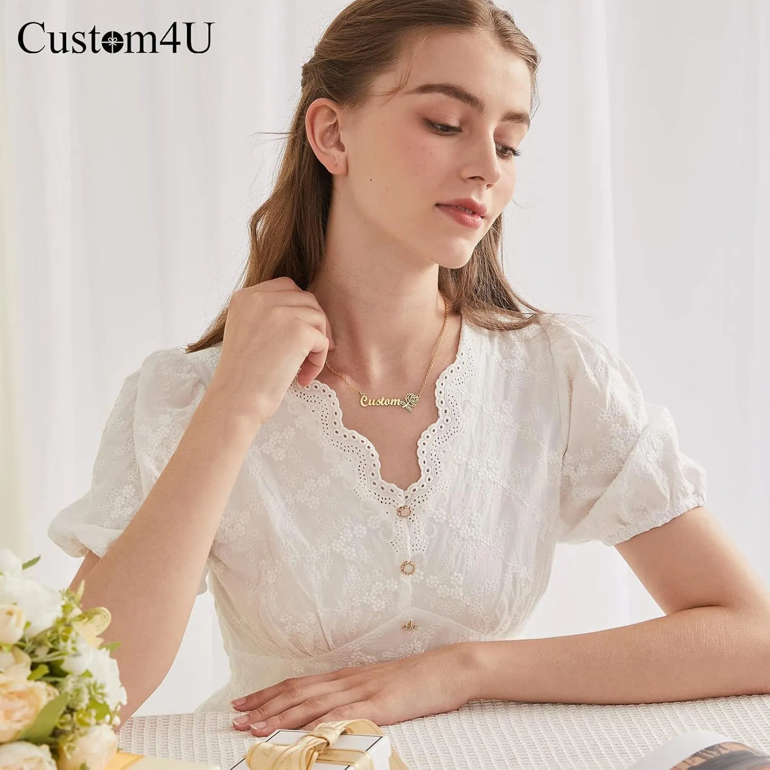 Custom4U Birth Flowers Name Necklace Personalized Stainless Steel Gold Plated Custom Nameplate Zodiac Flowers Necklaces Chain 16" 2" Engraved Memory Jewelry for Women Girls Mother