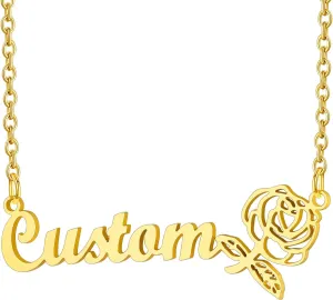 Custom4U Birth Flowers Name Necklace Personalized Stainless Steel Gold Plated Custom Nameplate Zodiac Flowers Necklaces Chain 16" 2" Engraved Memory Jewelry for Women Girls Mother