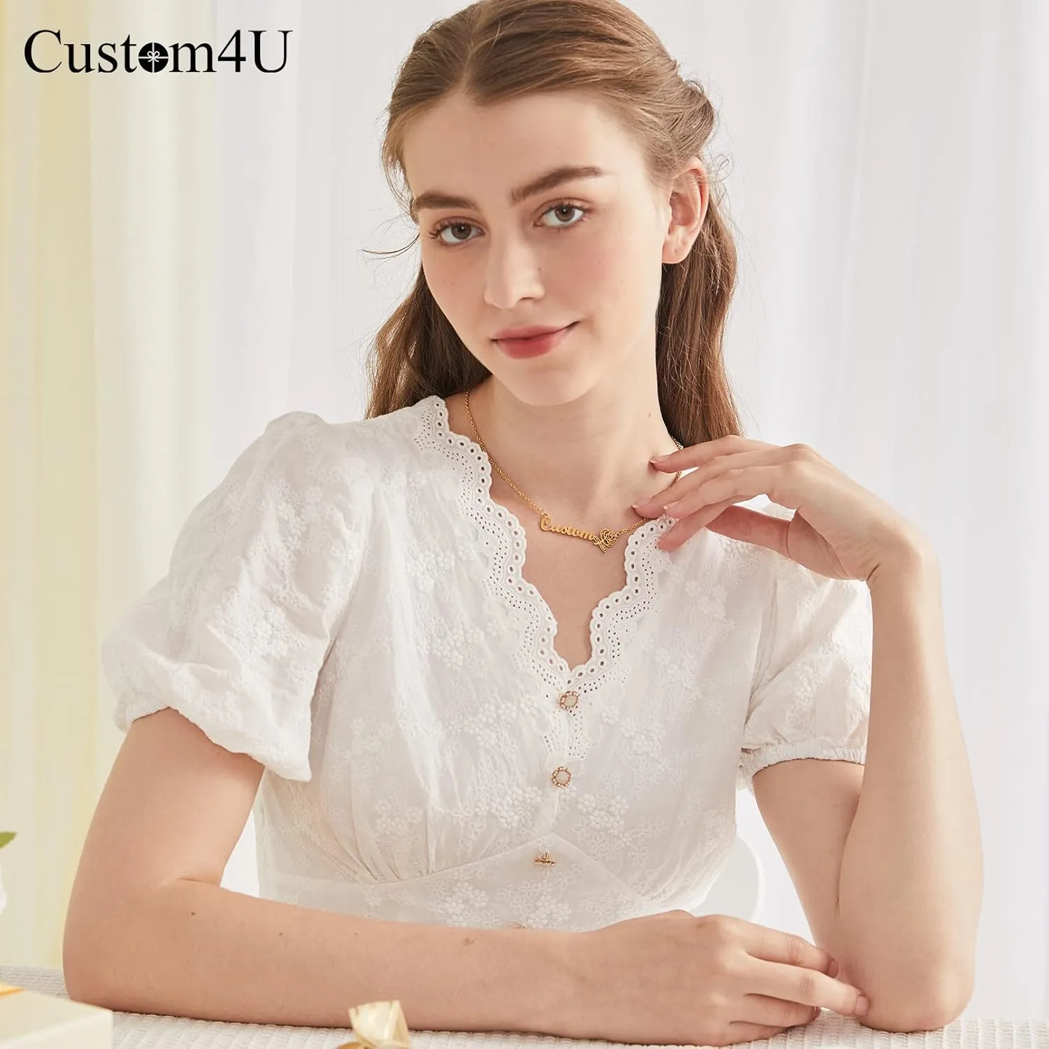 Custom4U Birth Flowers Name Necklace Personalized Stainless Steel Gold Plated Custom Nameplate Zodiac Flowers Necklaces Chain 16" 2" Engraved Memory Jewelry for Women Girls Mother