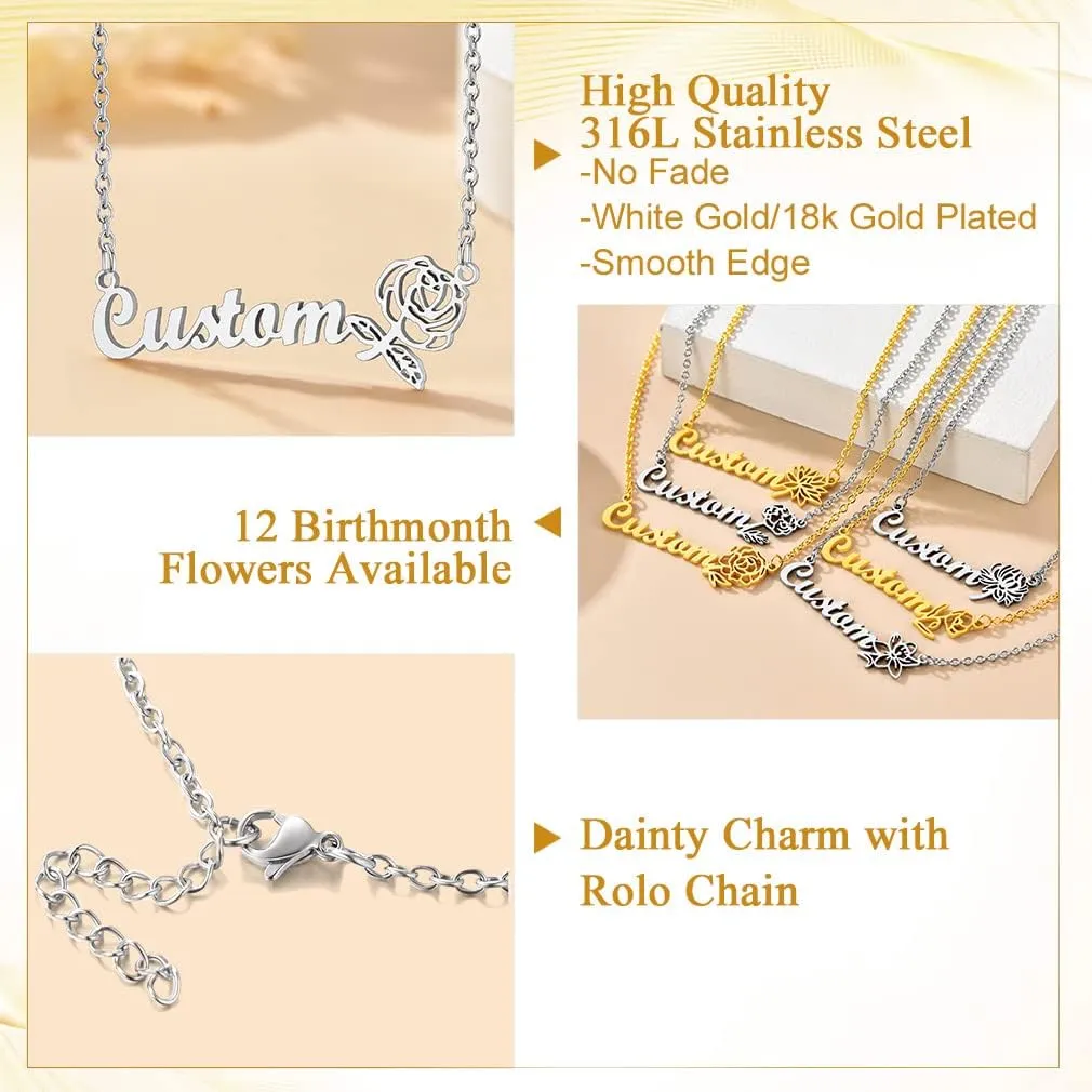 Custom4U Birth Flowers Name Necklace Personalized Stainless Steel Gold Plated Custom Nameplate Zodiac Flowers Necklaces Chain 16" 2" Engraved Memory Jewelry for Women Girls Mother