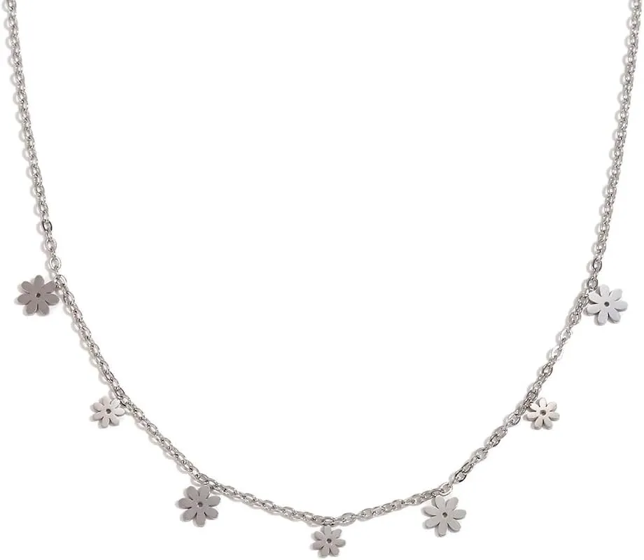 Cute Daisy Flower Choker Necklace for Women Girls Stainless Steel Flowers Blossom Adjustable Chain Necklaces Minimalist Mother's Day Jewelry Gifts for Mom